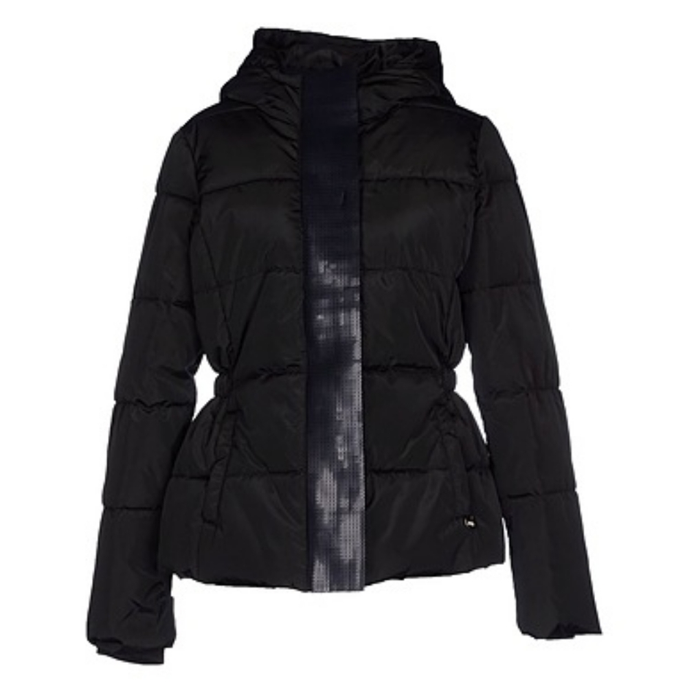 ITALIAN DESIGNER Black Sequins Hooded Puffer Cinched Waist Winter Coat Jacket, S